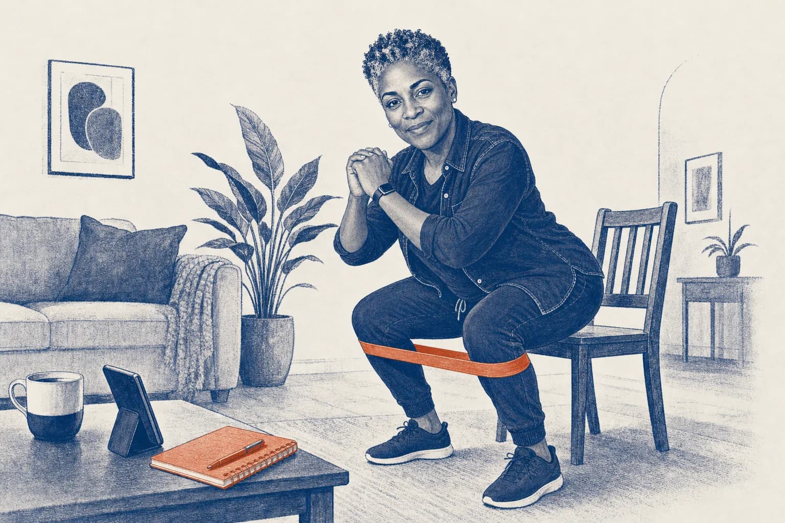 Denise doing a band squat in front of a dining chair, a timer on the table.