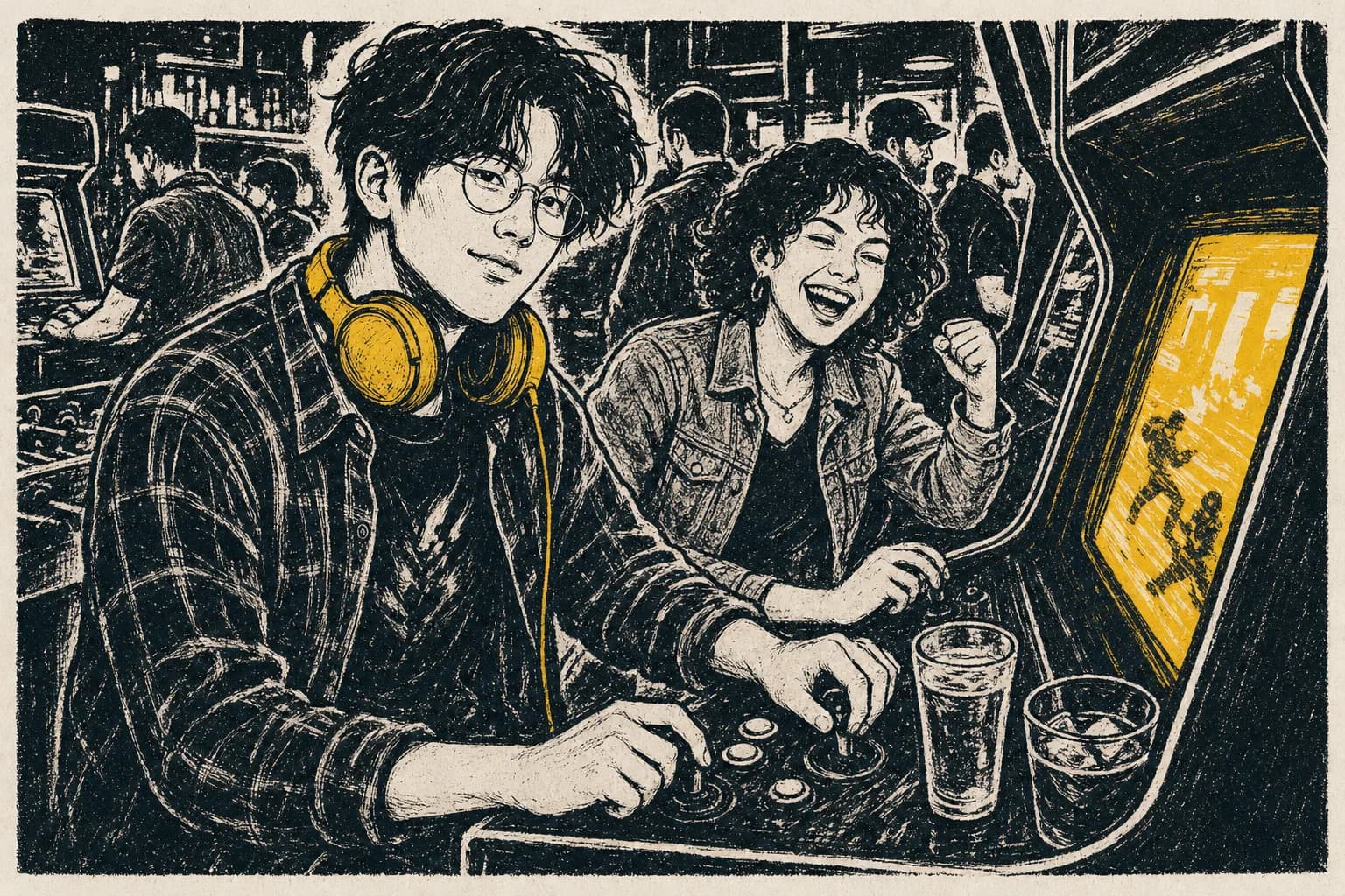 Devin laughing with a woman at an arcade bar, both holding game controllers at a cabinet.