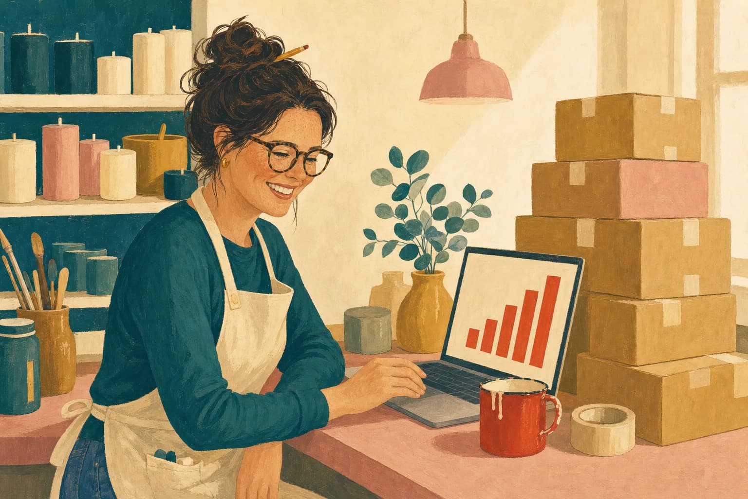 Kara laughing at her laptop on a Monday morning, shipping boxes stacked beside her.