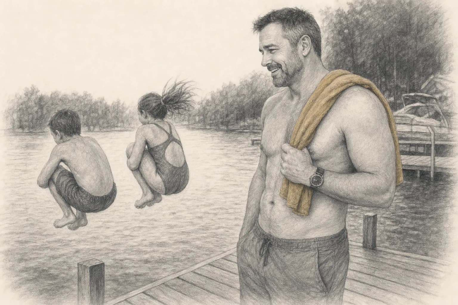 Dave on a lake dock in summer, shirt off, laughing with his kids, his stomach flat.