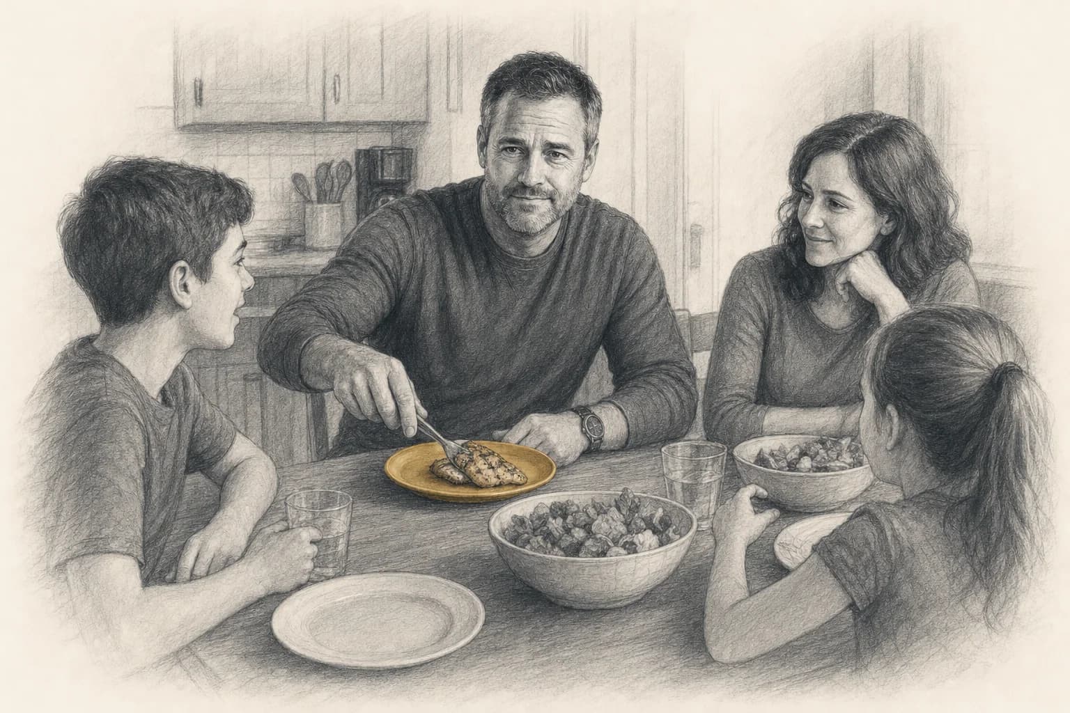 Dave at the family dinner table, putting grilled chicken on his plate first.