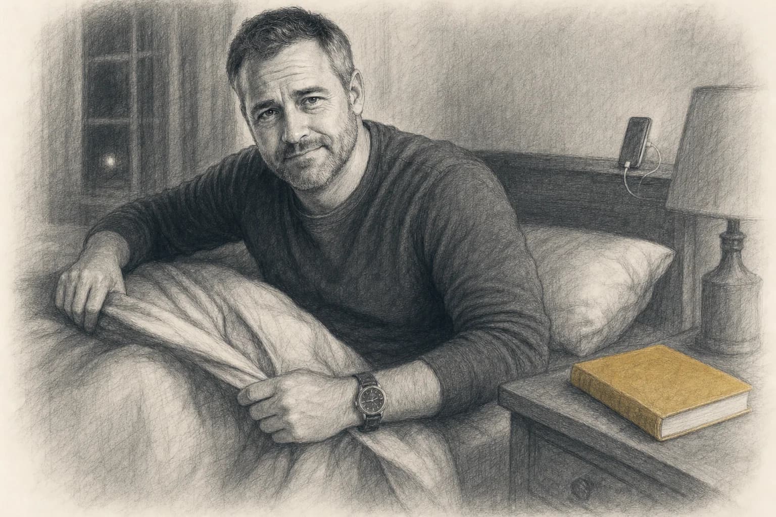 Dave going to bed at 10pm, his phone charging on the dresser across the room.