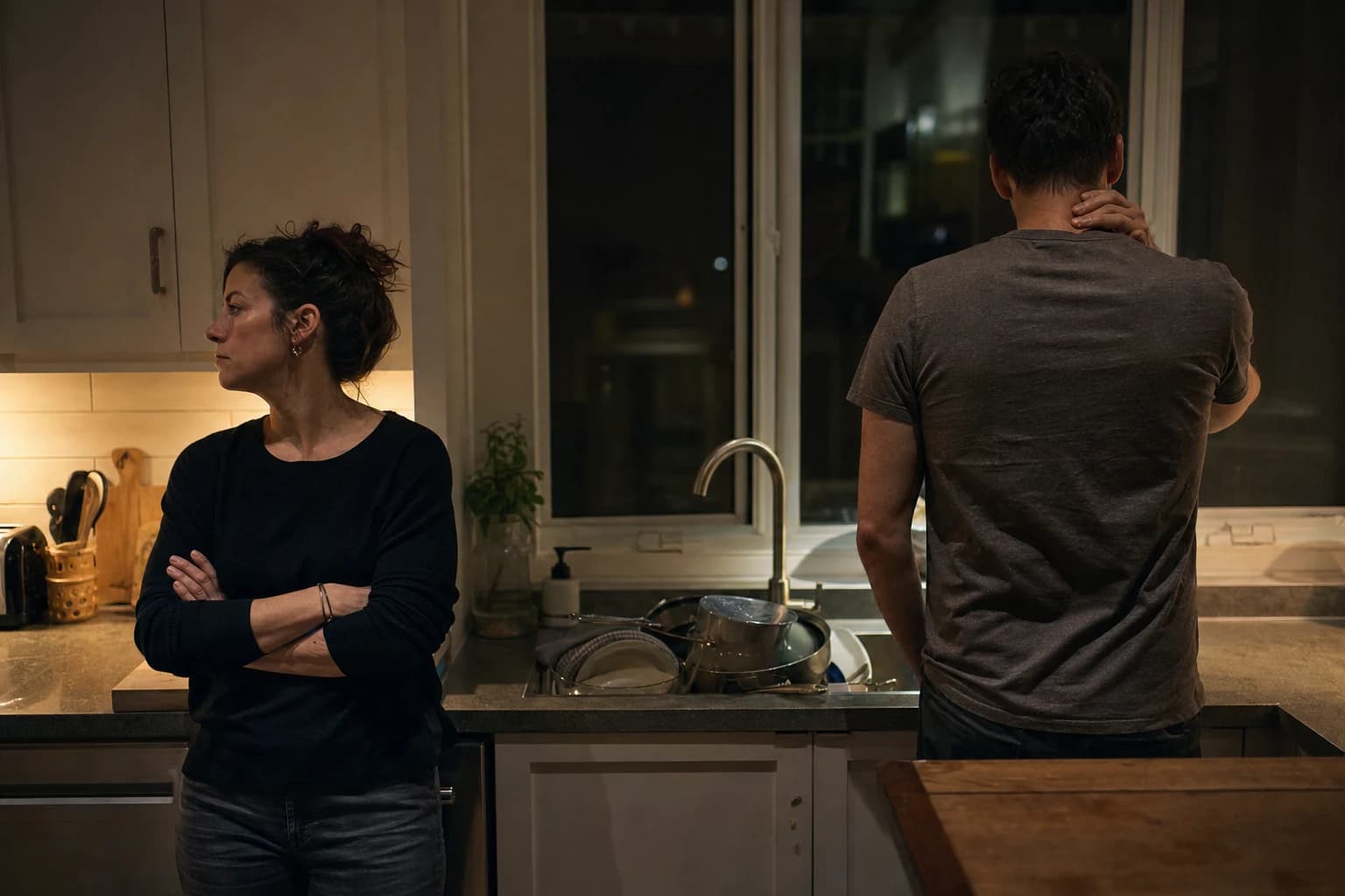 A couple in their early forties standing apart in a kitchen late at night, dishes in the sink between them, both looking away