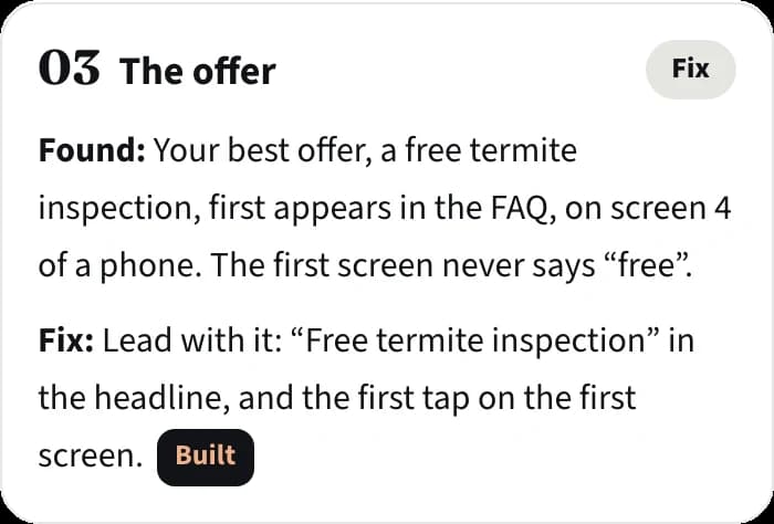 Audit check 03, the offer: the free inspection was hidden on screen 4; the fix leads with it.