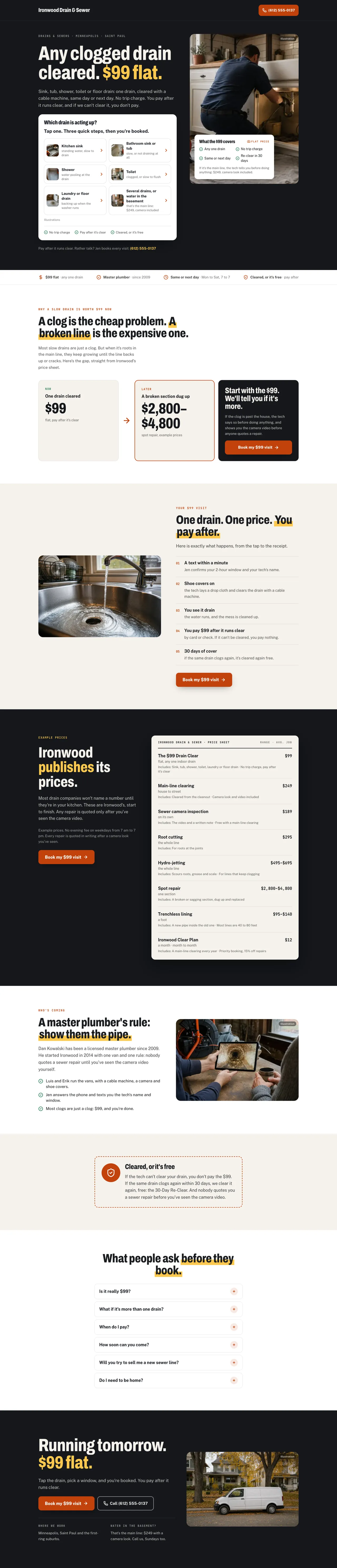 The whole Ironwood Drain & Sewer funnel page on a computer, top to bottom.