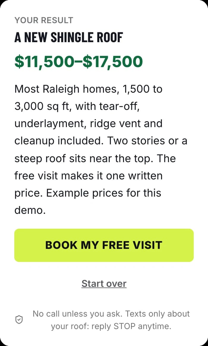 The page: four taps to an example price, with the free visit booked right under it.