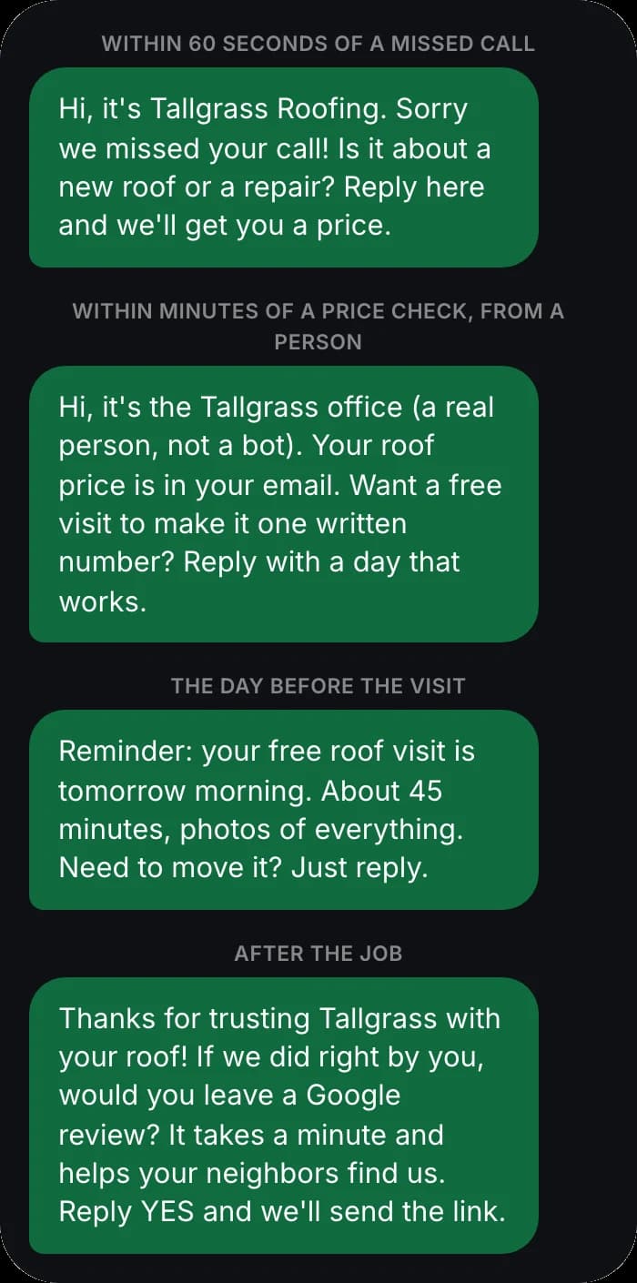 The texts: the missed-call text-back, the price-check follow-up, the reminder and the review ask.