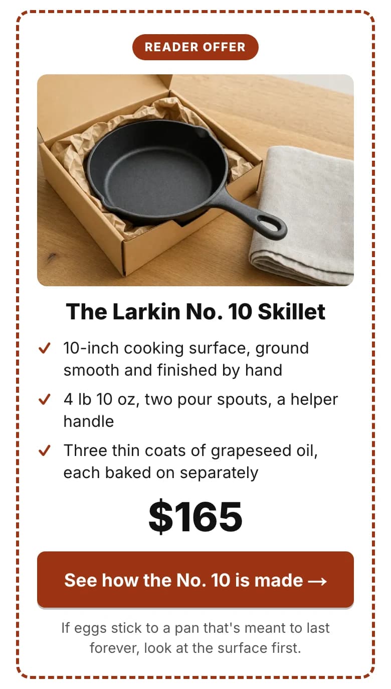 The reader-offer card in the Larkin Foundry article: the skillet in its box, three lines, $165 and the button.