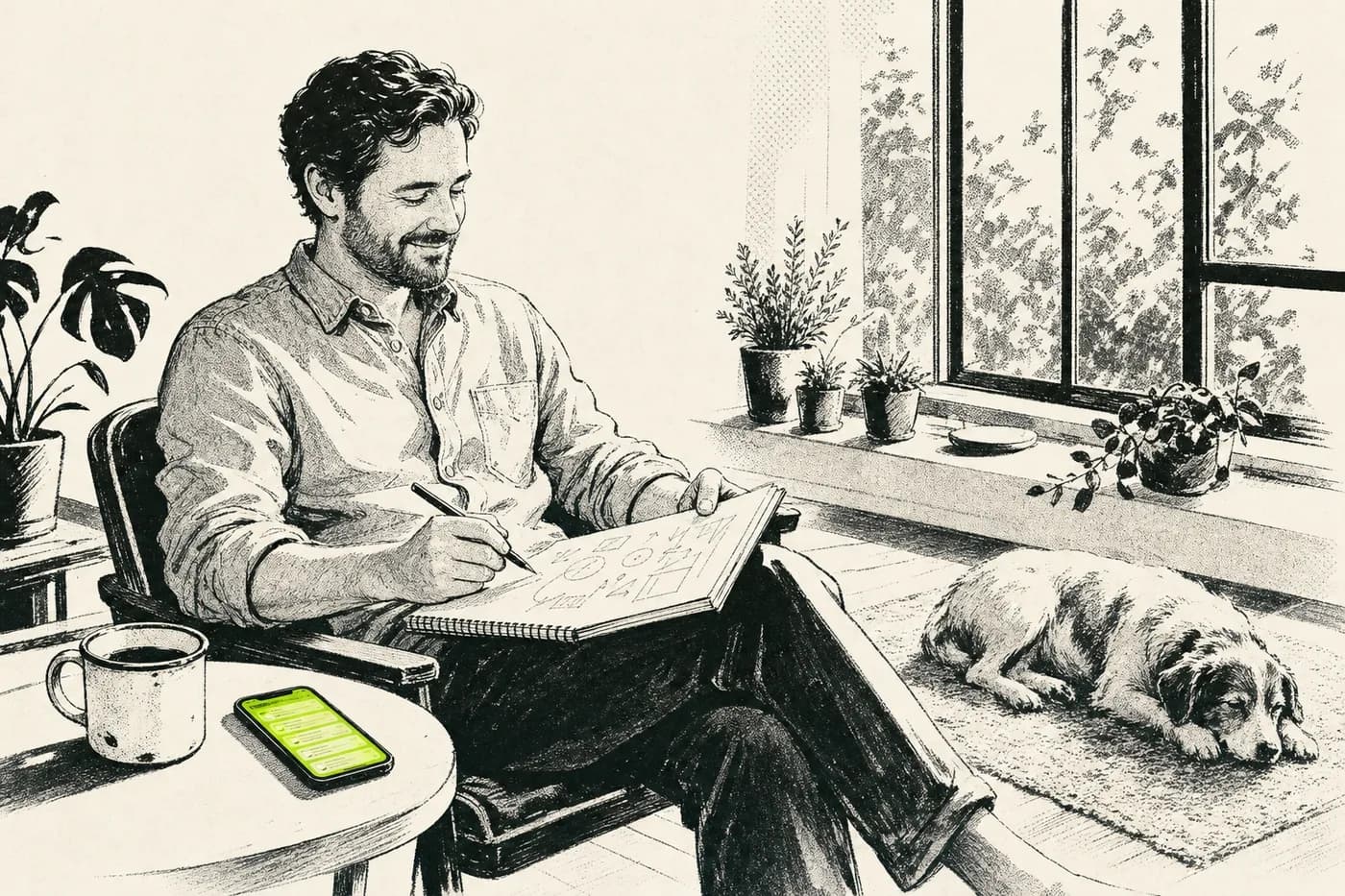 Illustration: the man on a sunny Saturday by an open window, sketching his next course in a notebook, his phone lit beside his mug and a dog asleep on the rug.