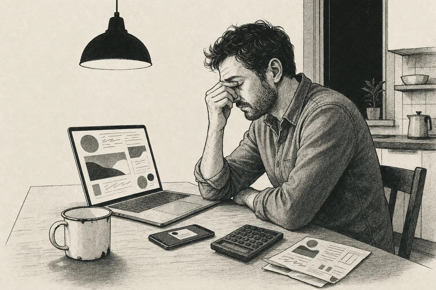 Illustration: a course creator at his kitchen table late at night, rubbing his eyes beside his laptop, phone, calculator and an ad bill.