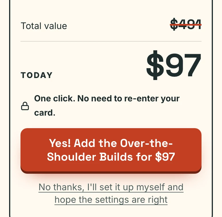 The bottom of The Signal Method's first upsell: total value struck through, today's price, "One click. No need to re-enter your card.", the yes button and the no-thanks line.